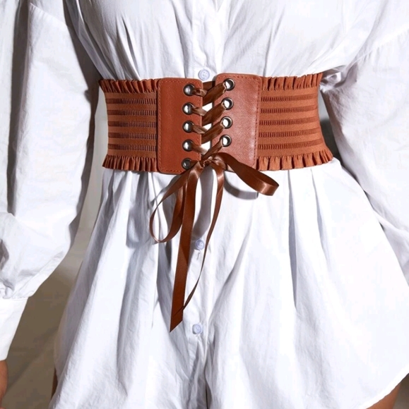 Brown Boho Corset Belt Lace Up Snaps Pirate Bohemian Cottagecore Bronze Western - Picture 2 of 6